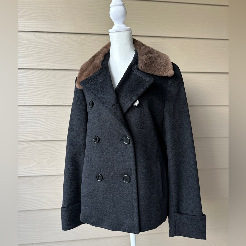 MaxMara Camel Hair Jacket Detachable Fur Collar Black Italy Woman’s Size 10 - Picture 2 of 14
